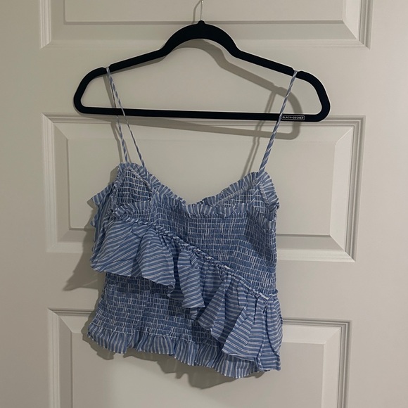 Cinq a Sept Mara Smocked Ruffled Crop Top, Blue Stripes - Picture 6 of 6